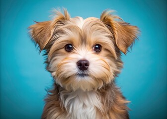 Adorable four-month-old male Morkie puppy with soft, fluffy fur and big brown eyes posing against a bright blue studio background, showcasing its cuteness.
