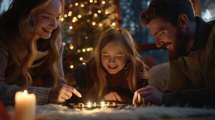 amily playing board games together in the living room, laughter and concentration, sense of togetherness and fun, warm lighting, cozy home environment