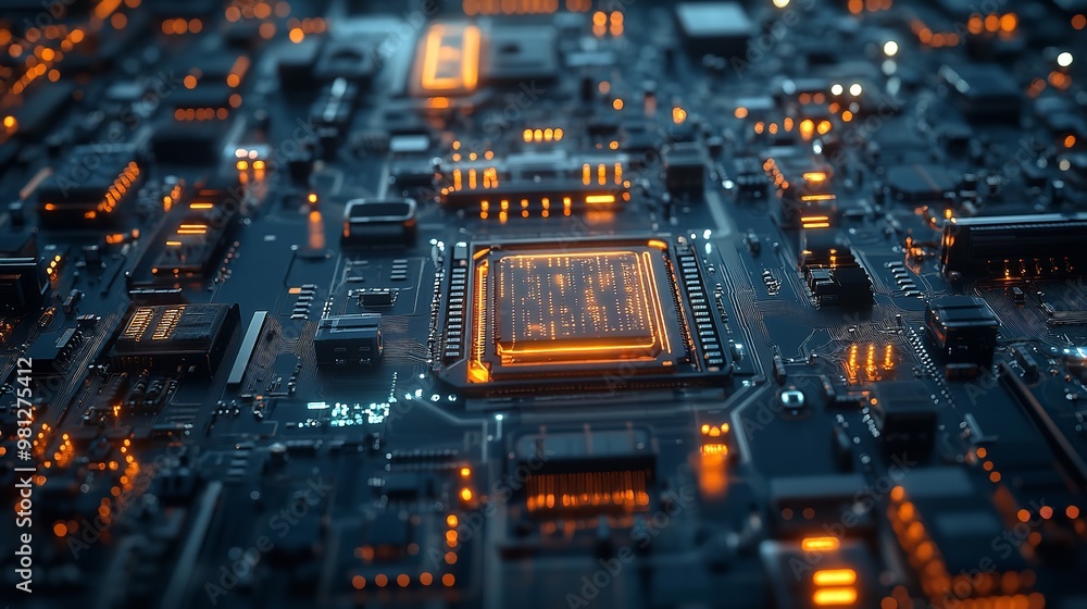 Poster close-up of a circuit board with glowing components
