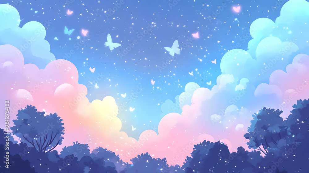 Poster Magical Sky with Butterflies and Clouds