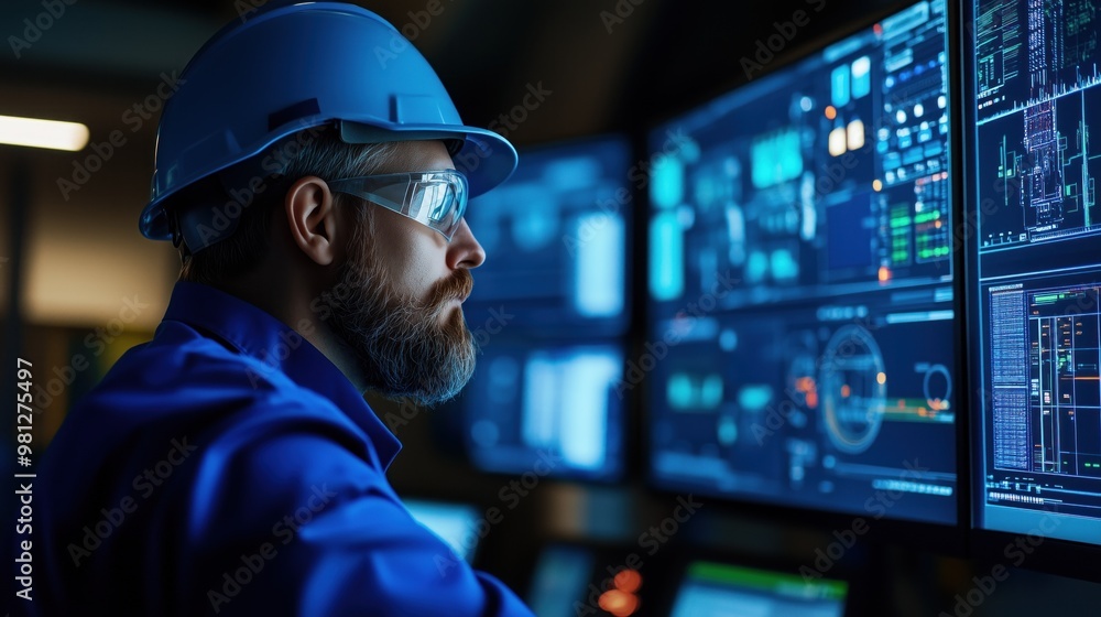 Poster a focused engineer in a hard hat and glasses analyzes complex technical data on multiple screens in 