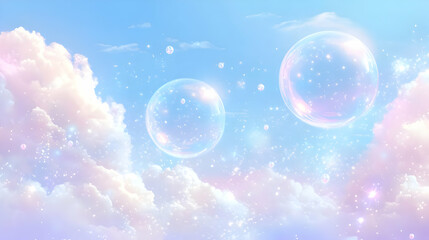 Shiny Bubbles Floating in Pastel Sky with Clouds