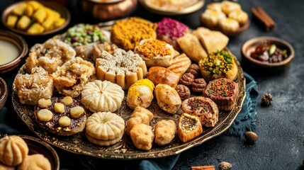 Fototapeta premium Traditional Diwali sweets and snacks arranged on a decorative plate with festive decor