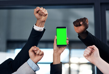 Hands, group and smartphone with green screen, celebration and support with mock up space on mobile app. Business people, phone and chromakey display with blank ux, cheers and success in office