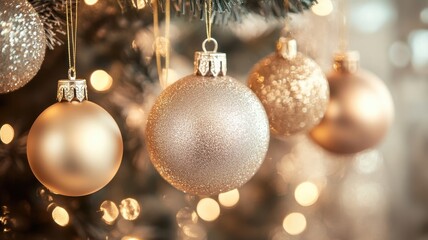 Shimmering gold and silver Christmas ornaments, creating a luxurious, festive holiday vibe