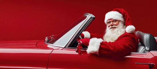 Santa Claus driving a red vintage convertible car