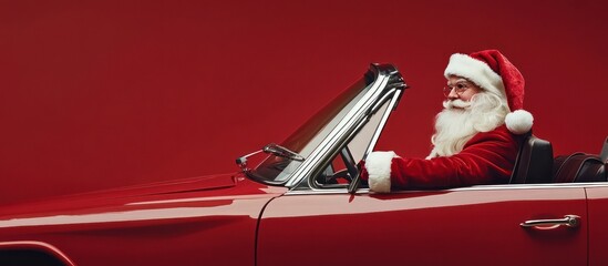 Santa driving a red convertible car, red background.