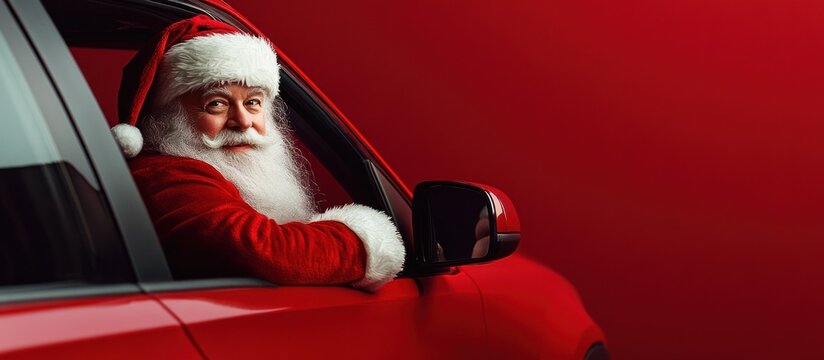 Santa in a modern red car against a red background.