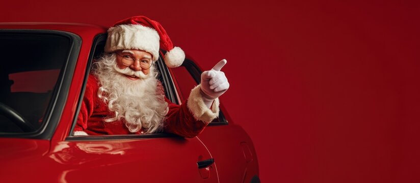 Santa giving a thumbs up in a red car, red background.