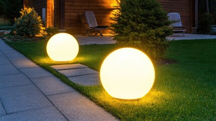 A beautifully lit garden features solar lamps guiding the path to an inviting outdoor seating area, creating a cozy atmosphere for relaxation and evening strolls