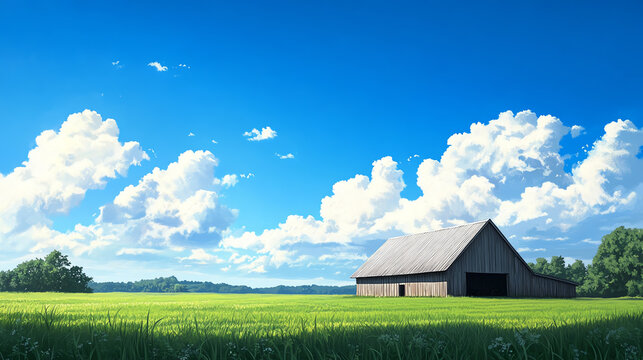 Illustrate a charming countryside scene with a bargeboard barn amidst lush green fields in a realistic oil painting technique