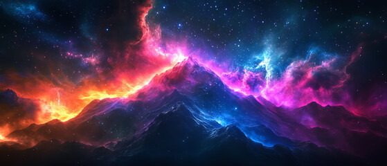 Obraz premium Render a surreal long shot of a towering mountain shrouded in vibrant