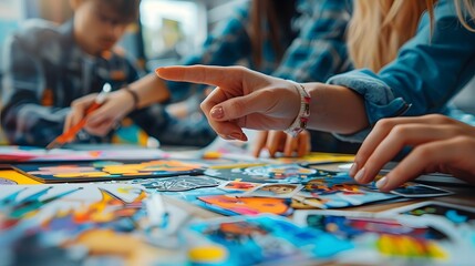 Obraz premium Creative Collaboration Brainstorming with Colorful Art Materials and Hand Gestures.