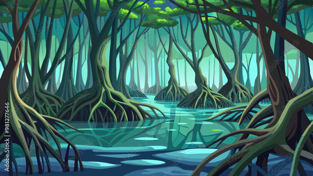 Poster a forest with a river running through it