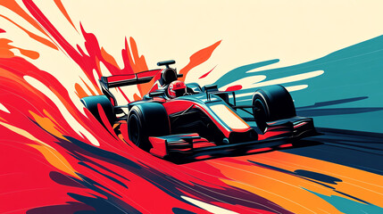 Obraz premium Capture the exhilarating speed of a Formula 1 race from a birds-eye view Dramatic curves, vibrant colors, and sleek designs in a digital painting