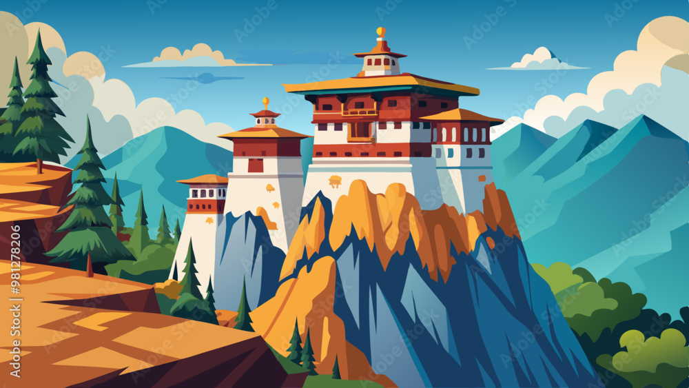 Poster a mountain range with a large building in the middle