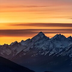 Obraz premium A majestic mountain peak, bathed in the warm glow of a setting sun, stands tall against a gradient sky of orange, pink, and purple hues.