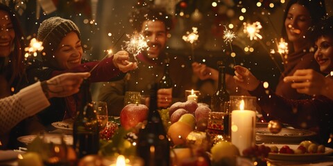 During a joyous holiday dinner, loved ones gather around a festive table with sparklers, sharing happiness and love in a cheerful and cozy atmosphere filled with celebration and togetherness