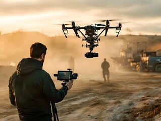 Drone Capturing Cinematic Aerial Footage During Sunset Filmmaking Session
