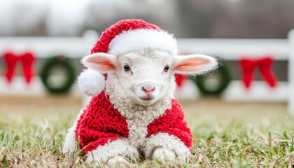 Obraz premium A joyful baby lamb wearing a Santa costume, nibbling on green grass in a quiet field, with Christmas wreaths and red bows decorating the fence behind it.