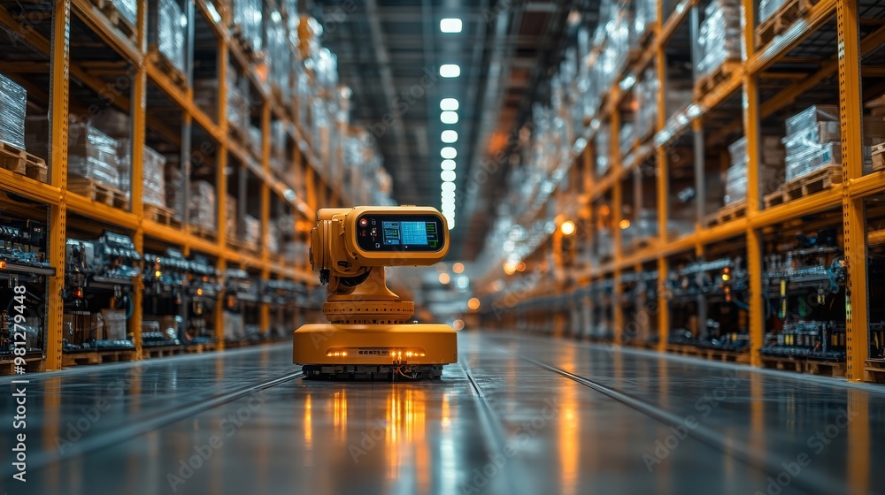 Poster robotics operating in a warehouse during nighttime with illuminated storage shelves