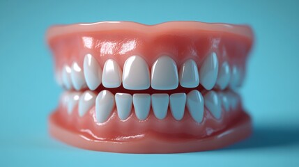 Obraz premium Perfect White Teeth Smile Denture Model Blue Background
