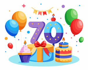 70 Birthday Vector With Cake, Balloons And Confetti