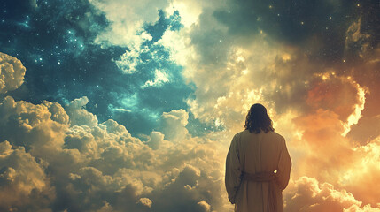 Obraz premium Man Standing in Heavenly Clouds