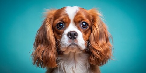 Adorable cavalier king charles spaniel dog's gentle face and floppy ears pop against soft pastel blue background, exuding innocence and sweet canine charm.