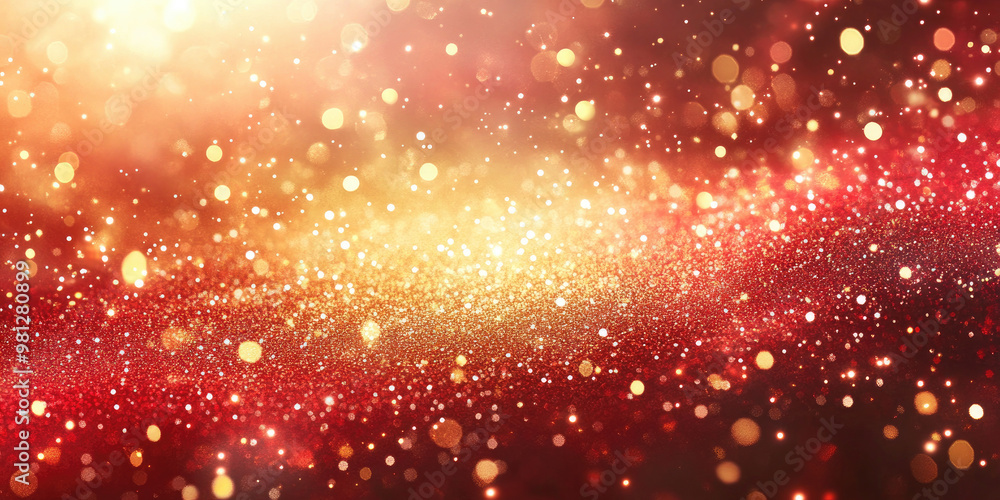Poster swirling golden particles create a beautiful bokeh effect on a vibrant red background. perfect for f