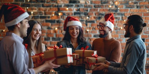 Participate in the joyful office holiday party tradition by engaging in a cheerful gift exchange with your coworkers. Strengthen your bonds and share in the festive spirit as a united team - Powered by Adobe