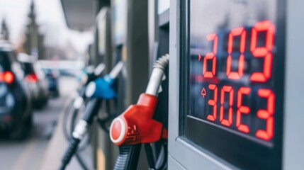 Fototapeta premium Close up digital gas pump screenshowing rising fuel prices at busy gas station, clear increase in numbers reflecting rising gas pricesconcept.