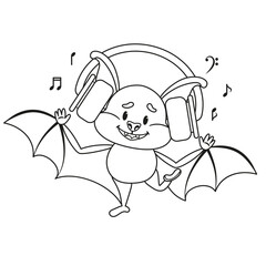 Cute Bat in Headphones Listening to Music - Cartoon Character. Vector Illustration