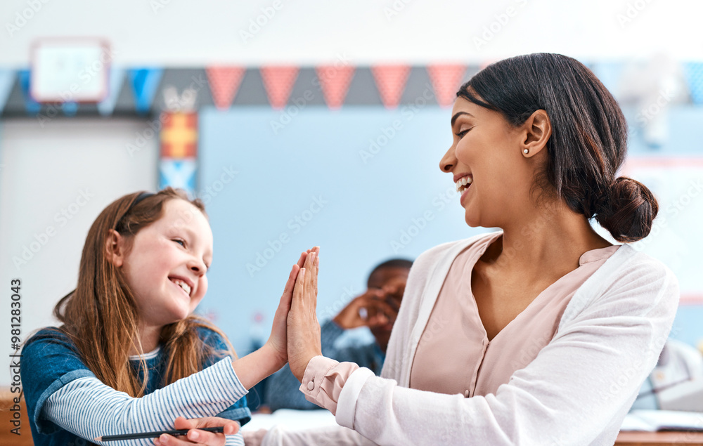 Poster happy, teacher and child with high five in classroom of learning support, feedback progress and proj