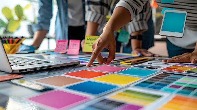 Design Team Brainstorming with Color Palette and Laptop