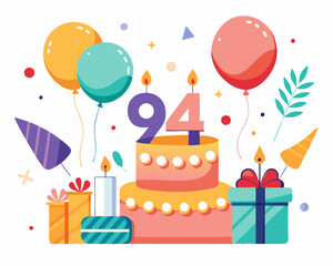 94 Birthday Vector With Cake, Balloons And Confetti