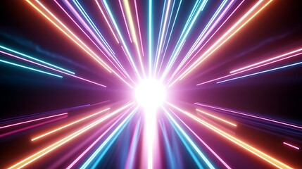 Radiating Neon Light Burst, futuristic flashes, Motion lights,  Colorful Streaks on Dark Background