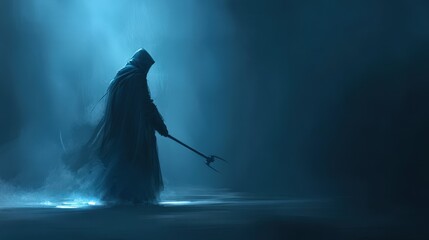 Halloween A man in a long robe is walking in the dark with a sword