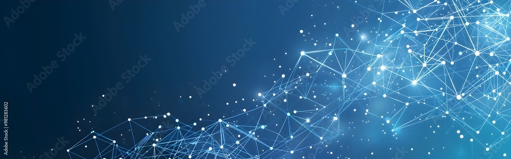 Poster blue background with white dots connected by lines, a vector network connection technology concept o