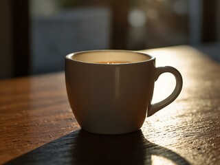 Coffee cup on a table, illuminated by morning sun.