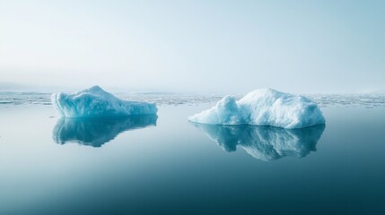 Fototapeta premium Two Large Icebergs Floating in Calm Water with Reflections