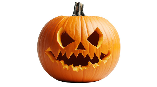 Klasyczna pomarańczowa dynia z wyciętym, uśmiechniętym straszydłem, umieszczona na przezroczystym tle. Idealna do projekt&oacute;w graficznych na Halloween.