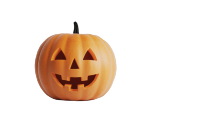 Klasyczna pomarańczowa dynia z wyciętym, uśmiechniętym straszydłem, umieszczona na przezroczystym tle. Idealna do projektów graficznych na Halloween.