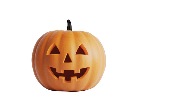 Klasyczna pomarańczowa dynia z wyciętym, uśmiechniętym straszydłem, umieszczona na przezroczystym tle. Idealna do projekt&oacute;w graficznych na Halloween.