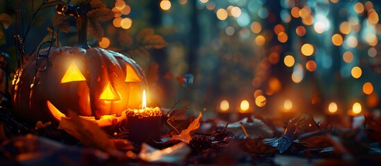 A pumpkin with a scary face and candles in mystical forest, surrounded by leaves. Halloween, Thanksgiving, fall season design concept banner. Golden blurred bokeh background.