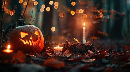 A pumpkin with a scary face and candles in mystical forest, surrounded by leaves. Halloween, Thanksgiving, fall season design concept banner. Golden blurred bokeh background.