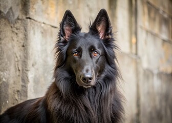 Fototapeta premium A focused Belgian sheepdog with a black coat and piercing eyes stands alertly against a weathered concrete wall, its ears perked up in attention.