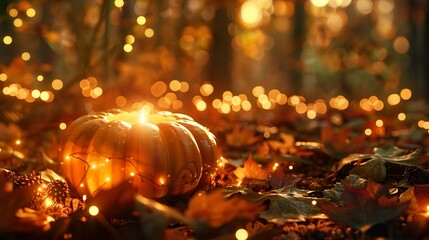 A pumpkin with candles in mystical forest, surrounded by leaves. Halloween, Thanksgiving, fall season design concept banner. Golden blurred bokeh background