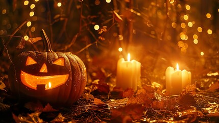 A pumpkin with a scary face and candles in mystical forest, surrounded by leaves. Halloween, Thanksgiving, fall season design concept banner. Golden blurred bokeh background.