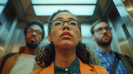 Diverse workmates team in an elevator lift commuting into the office. Professional coworkers female lead leadership promotions. Smart casual dress code. Corporate culture remote working hybrid RTO. 